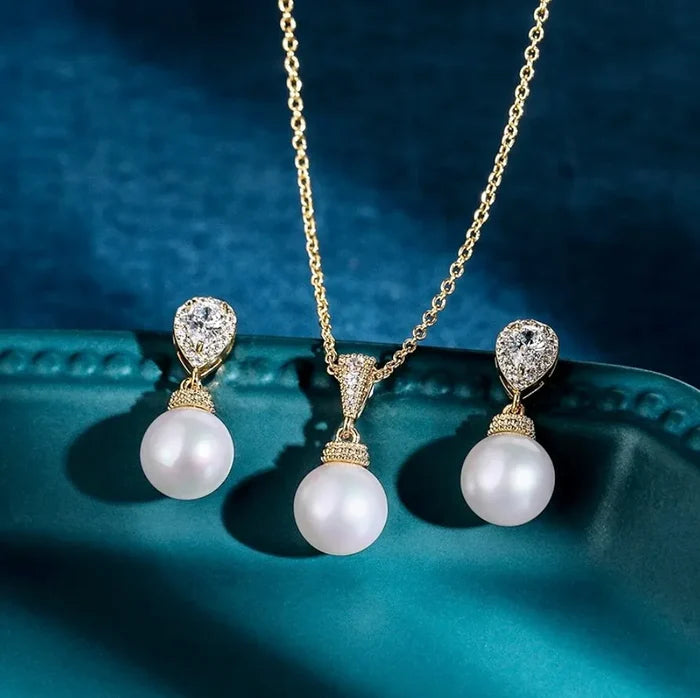Pearl Wedding Jewelry - Pearl and Cubic Zirconia Jewelry Set - Available in Gold and Silver