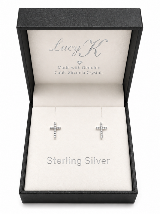 Lucy K Sterling Silver Crystal Delicate Cross Earrings