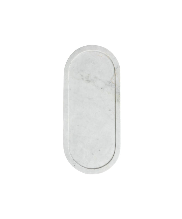 Oval marble tray with a smooth surface and subtle gray veining. The tray's minimalist design conveys elegance and sophistication against a plain background. | SW Home