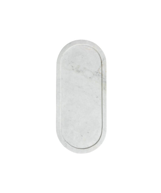 Oval marble tray with a smooth surface and subtle gray veining. The tray's minimalist design conveys elegance and sophistication against a plain background. | SW Home