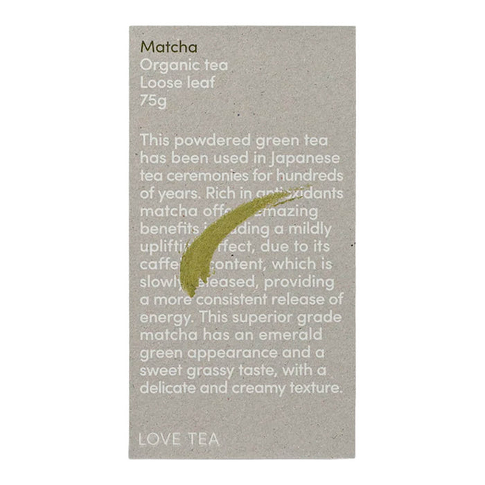 75g box Love Tea Matcha Tea Powder, certified organic ingredients.