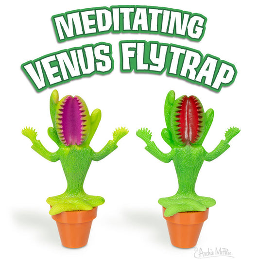 The Meditating Venus Flytrap figures, crafted from soft vinyl, feature cartoonish designs with colorful mouths that bring a playful and serene vibe to any space as they sit in small pots.