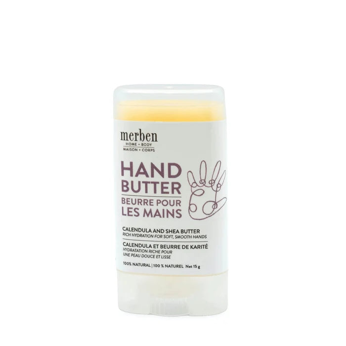 Merben Hand Butter stick in a clear plastic container, with a white label featuring purple text and a hand outline, on a white background.