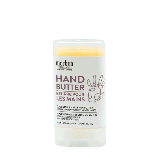 Merben Hand Butter stick in a clear plastic container, with a white label featuring purple text and a hand outline, on a white background.