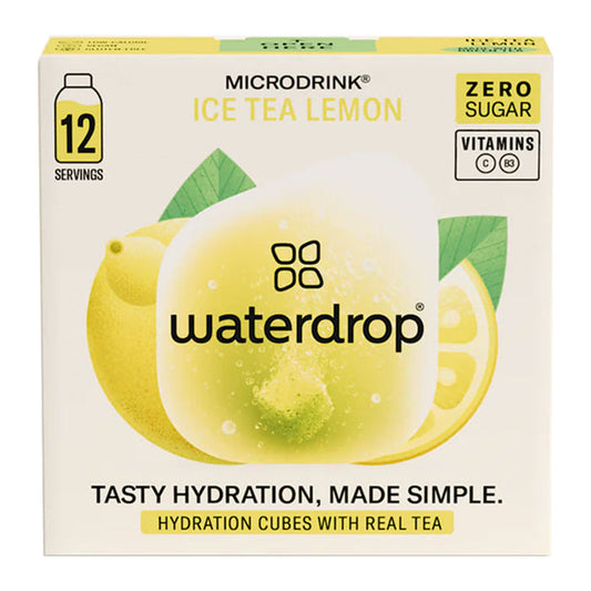 Box of Waterdrop Ice Tea Lemon hydration cubes with lemon graphics and branding.