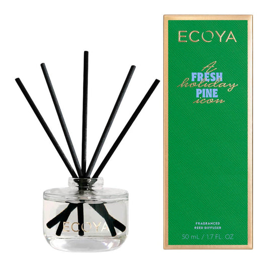 Ecoya diffuser with black sticks and green packaging on a white background.