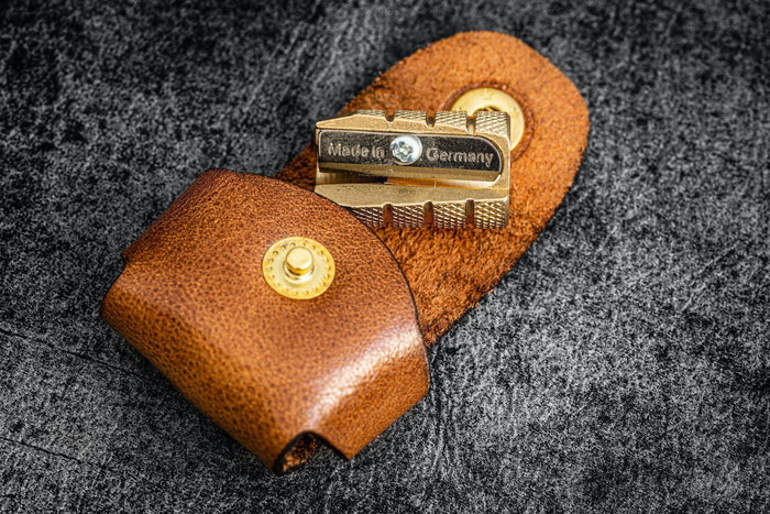 M+R Brass Pencil Sharpener - With Leather Case