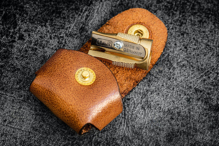 M+R Brass Pencil Sharpener - With Leather Case