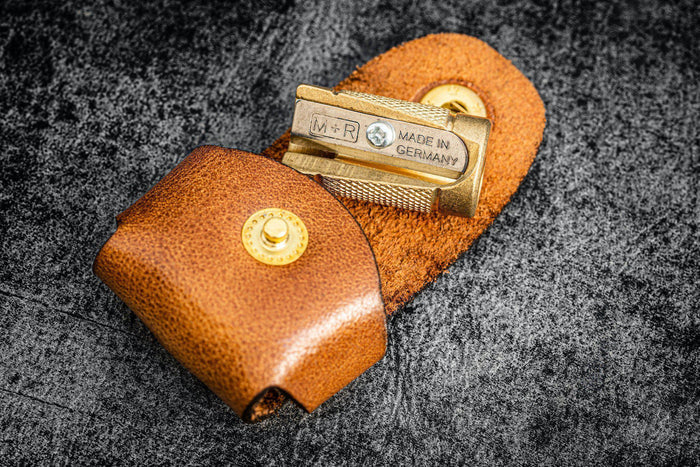 M+R Brass Pencil Sharpener - With Leather Case