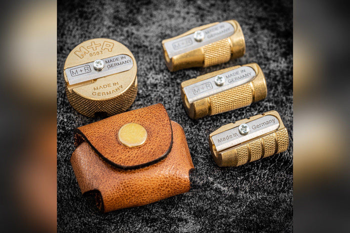 M+R Brass Pencil Sharpener - With Leather Case