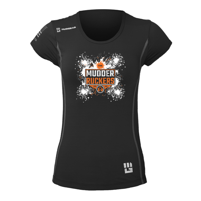 Black women's Mudder Rucker race jersey with white splatter graphic and orange logo