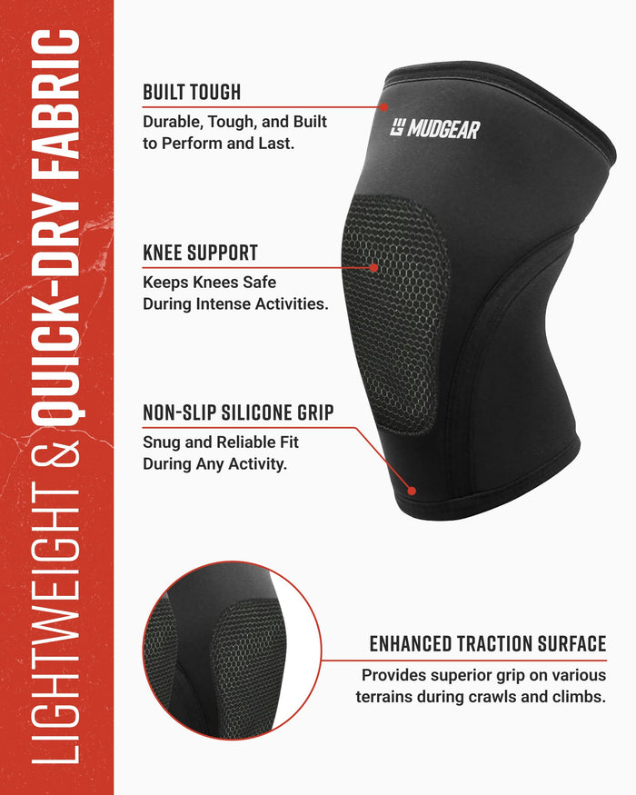 Black MudGear knee pad with textured grip panel, shown from side angle with feature callouts