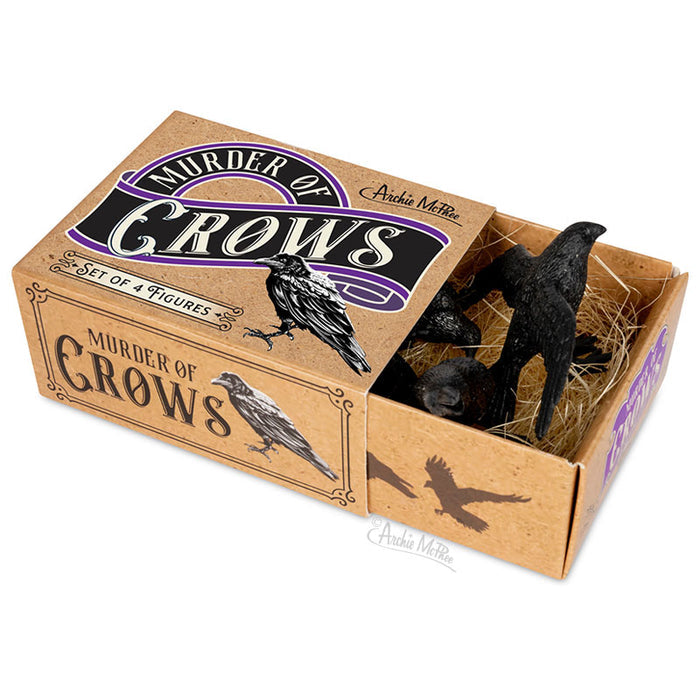 A container marked with "Murder of Crows" contains decorative crows arranged on a straw base.