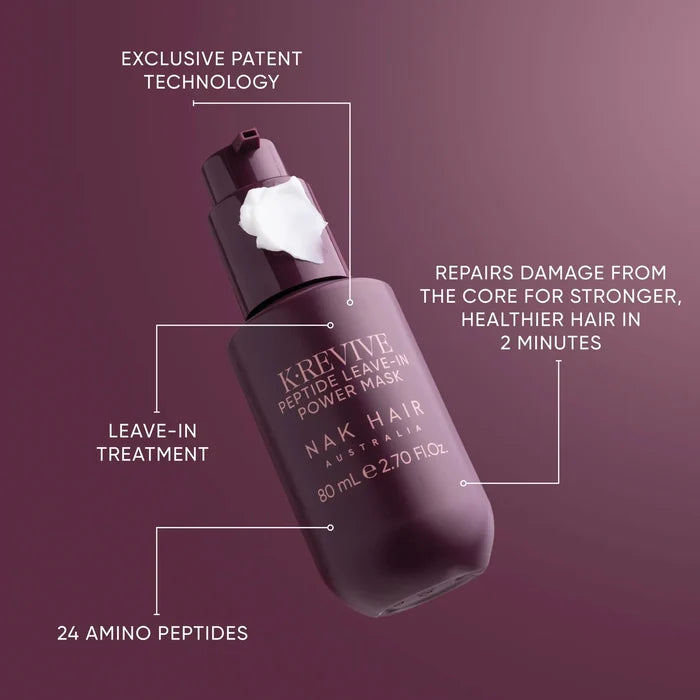 Nak Hair Leave-In Treatment bottle with text highlighting features on a purple background