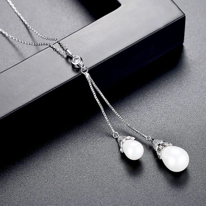 Wedding Jewelry - Pearl Bridal Double Drop Lariat Necklace