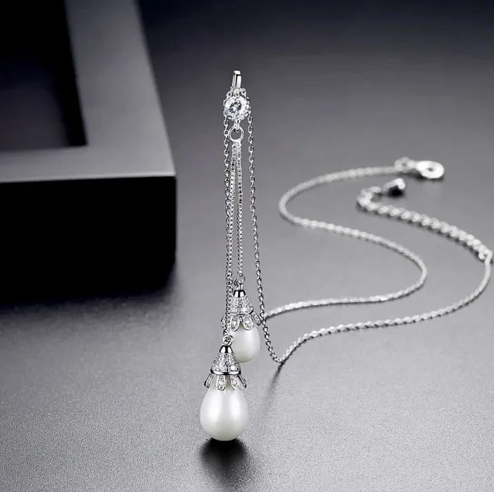 Wedding Jewelry - Pearl Bridal Double Drop Lariat Necklace