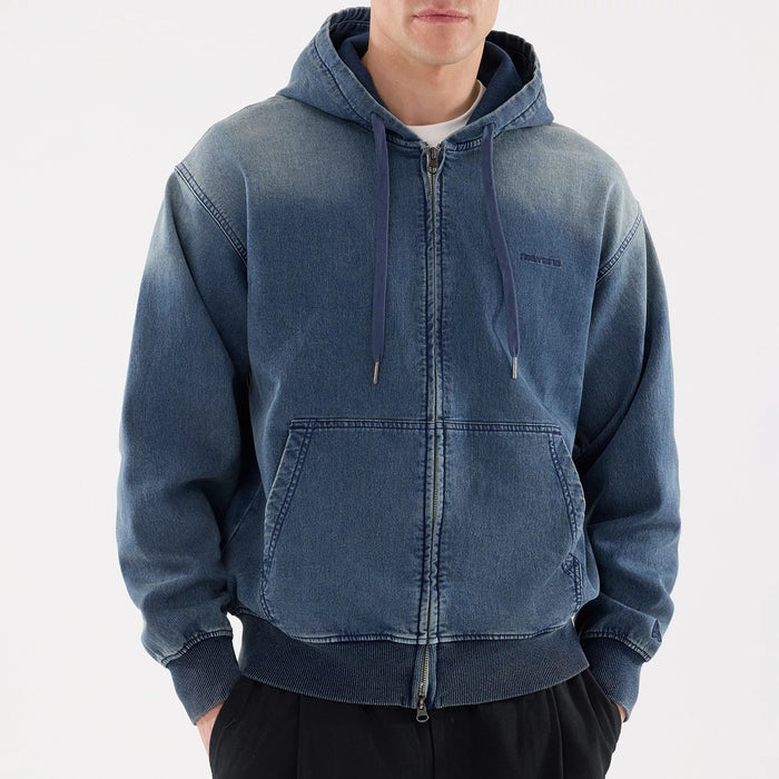The model is wearing this New Era Washed Full Zip Hoodie in blue. 3