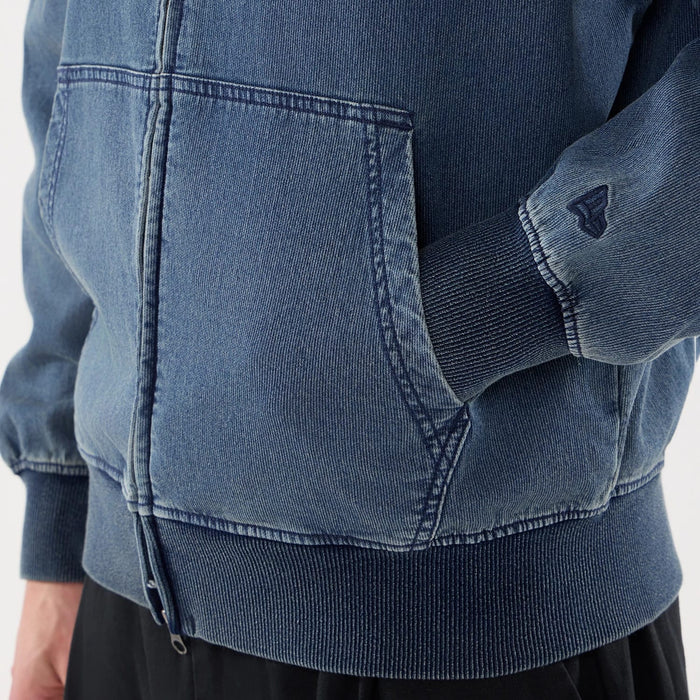 The model is wearing this New Era Washed Full Zip Hoodie in blue. 5