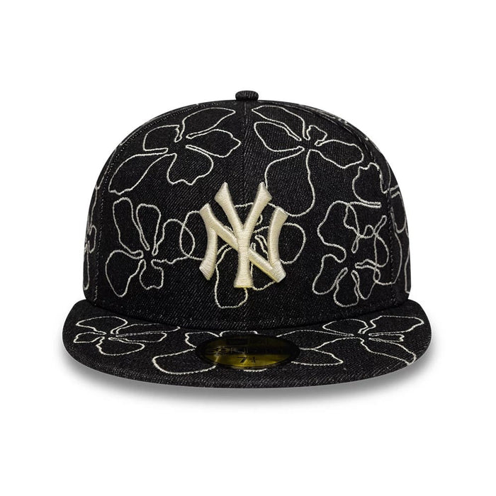 Pictured is this MLB Floral Denim New York Yankees 59FIFTY Fitted cap in black. 2