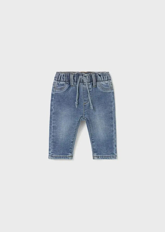 Mayoral newborn baby boy Light Denim jeans with elastic waist, drawstring, and tapered ankle.