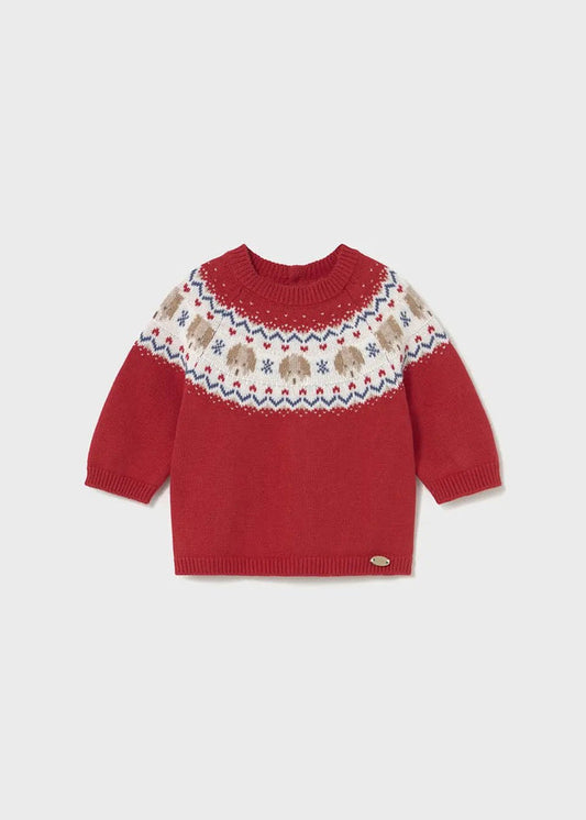 Mayoral newborn baby boy Red/Ivory Fair Isle knit sweater with long sleeves and ribbed trims.