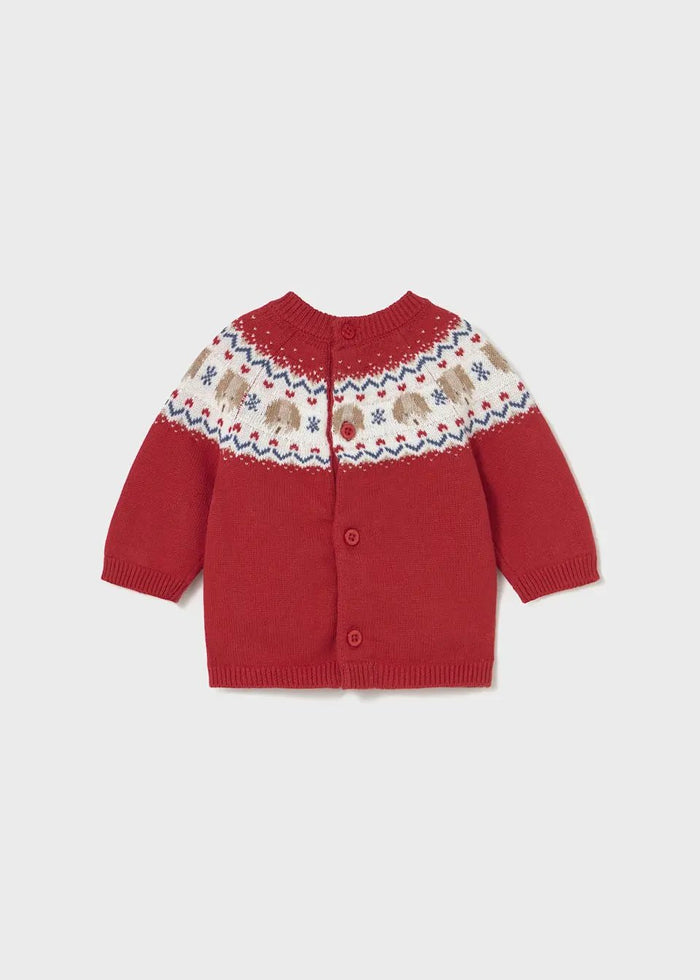 Back view of Mayoral newborn baby boy sweater showing button fastenings and soft knit shape.