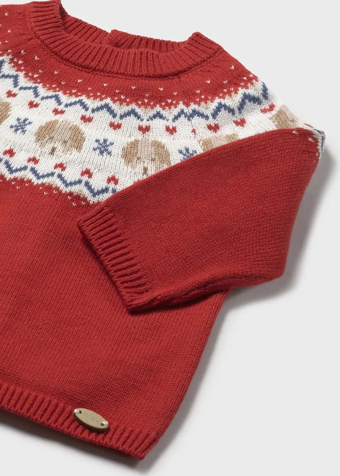 Closeup of Mayoral baby boy Fair Isle sweater showing Red/Ivory yoke pattern and ribbed cuff detail.
