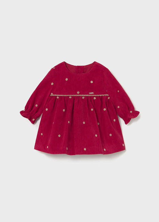Mayoral newborn baby girl Cherry Red polka dot dress with long sleeves and softly lined skirt.