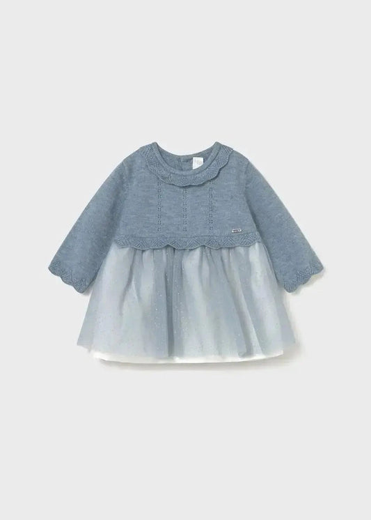 Mayoral newborn baby girl Blue/Grey knit and tulle dress with ruffled neckline and floaty skirt.