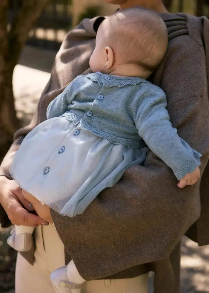Baby wearing Mayoral Blue/Grey knit tulle dress for a soft newborn girl photo outfit.
