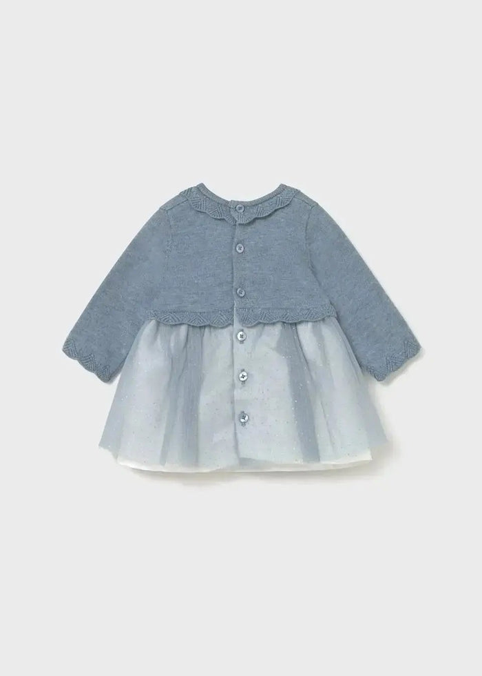 Flat view of Mayoral newborn baby girl knit and tulle dress showing openwork bodice and skirt.