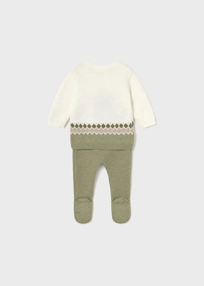 Mayoral newborn baby boy knit pants in Olive with elastic waist and leg-warmer styling.