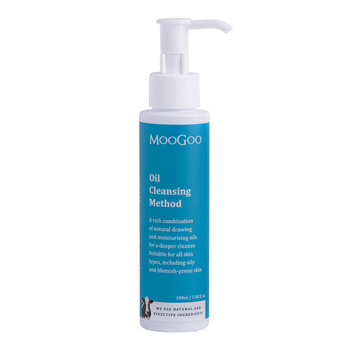 Moogoo oil cleansing method bottle on a white background