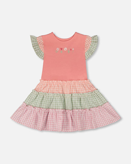 Organic Cotton Bi-Material Dress Coral And Gingham-0
