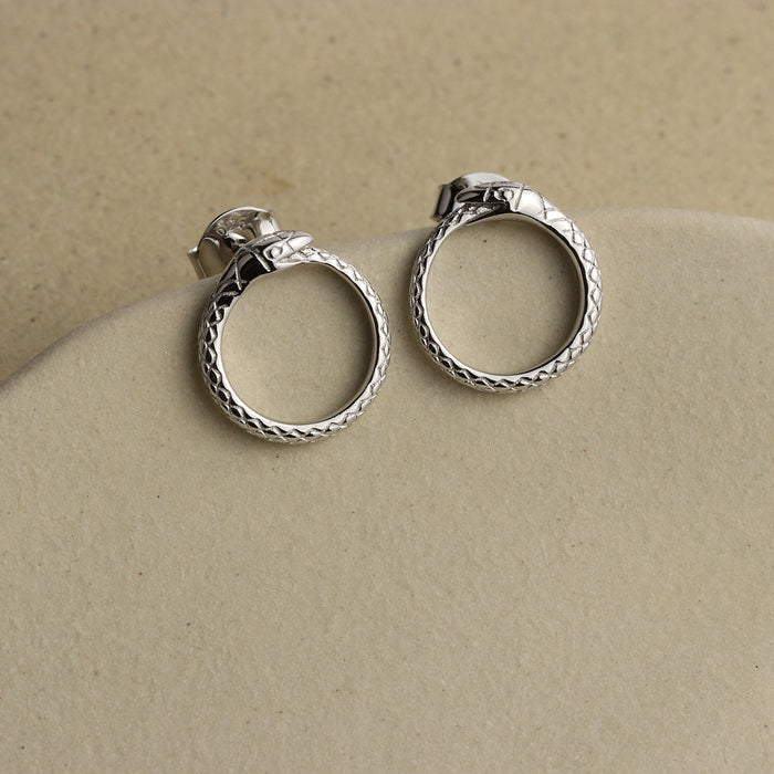 Pair of silver hoop ouroboros earrings on a beige surface