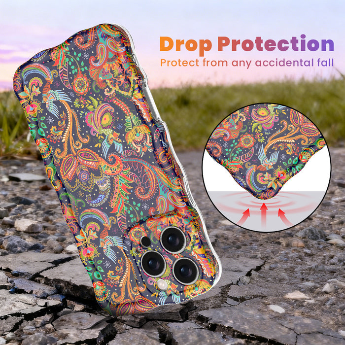 Drop protection diagram for the Paisley Birdsong Wavy Luxe iPhone case, showing the shock-absorbing raised edges that protect against accidental falls.