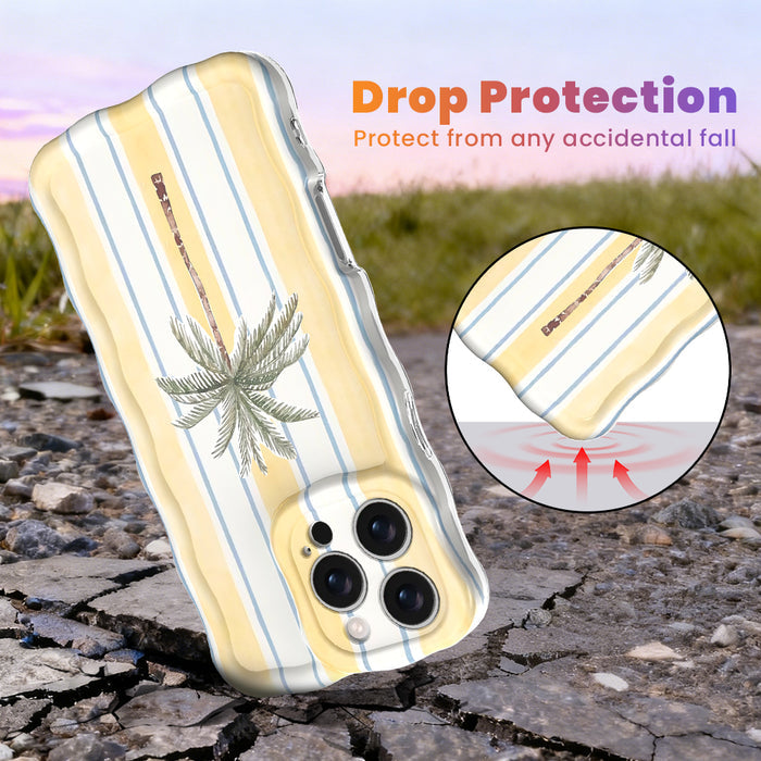 Trendy wavy iPhone case featuring a central palm tree on a soft yellow and sky-blue vertical striped background with a high-gloss finish.