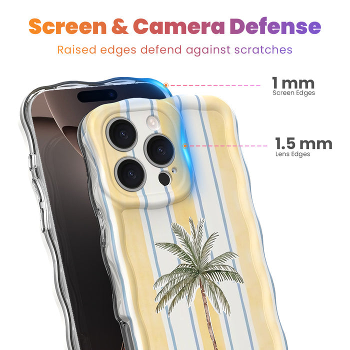 Trendy wavy iPhone case featuring a central palm tree on a soft yellow and sky-blue vertical striped background with a high-gloss finish.