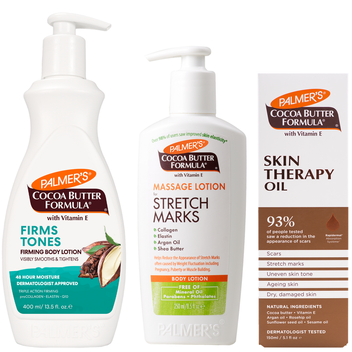 Three Palmers Cocoa Butter Formula products shown on a white background: Firms and Tones Body Lotion, Stretch Marks Massage Lotion, and Skin Therapy Oil.