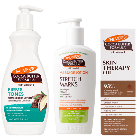 Three Palmers Cocoa Butter Formula products shown on a white background: Firms and Tones Body Lotion, Stretch Marks Massage Lotion, and Skin Therapy Oil.