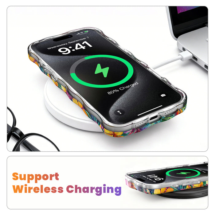 Trendy wavy iPhone case featuring a vibrant tropical pattern of red macaws, pink hibiscus, and green palm leaves with a high-gloss finish.