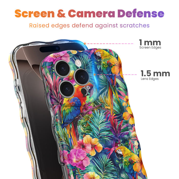 Trendy wavy iPhone case featuring a vibrant tropical pattern of red macaws, pink hibiscus, and green palm leaves with a high-gloss finish.