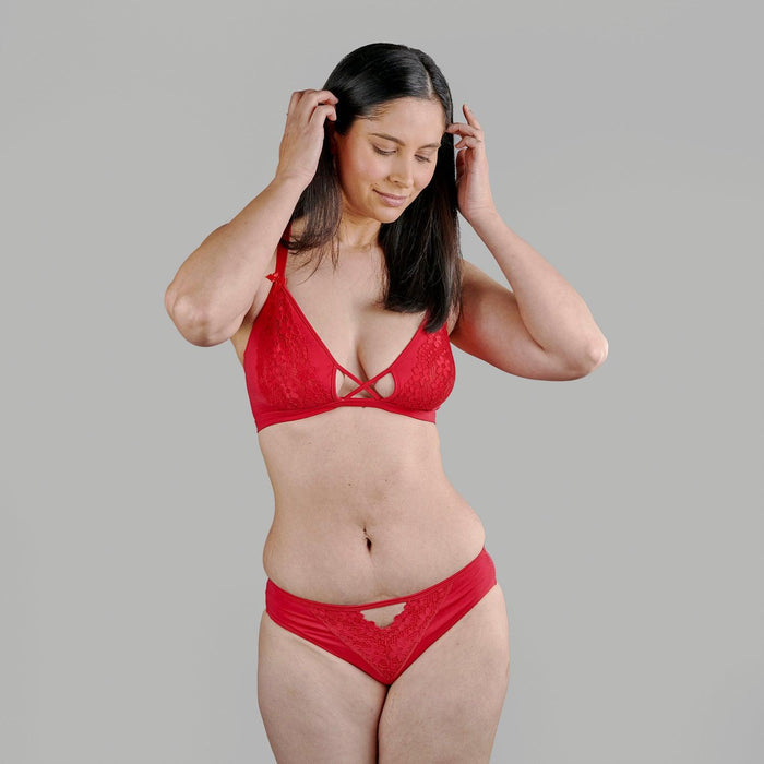 Passion Red Lace Organic Cotton and Silk Bralette, view 4 – Juliemay Lingerie