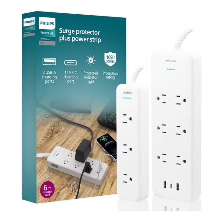 Philips Elite Power Kit 2 Pack Surge Protector Power Strip USB