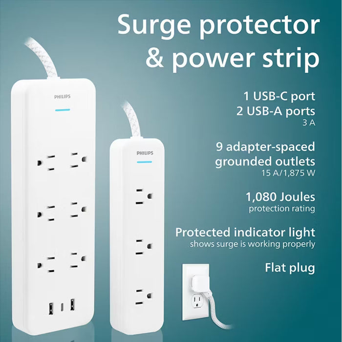 Philips Elite Power Kit 2 Pack Surge Protector Power Strip USB