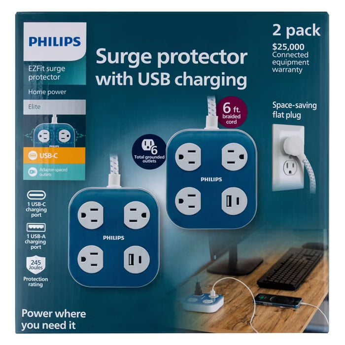 Philips EZFit Surge Protector with USB Charging 2 Pack, 6 Grounded Outlets