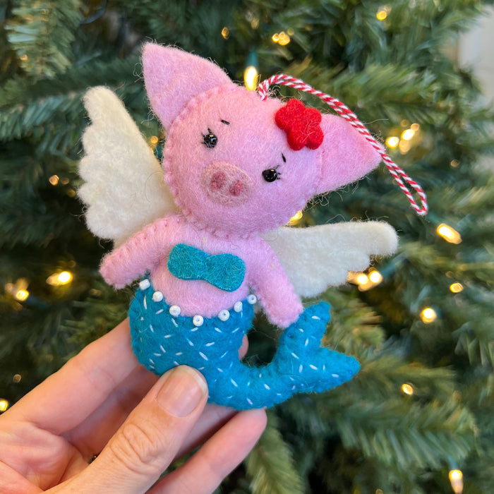 Pig Mermaid Angel Felt Wool Ornament