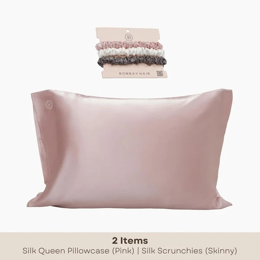 Pink Silk Pillowcase (Queen) + Scrunchies