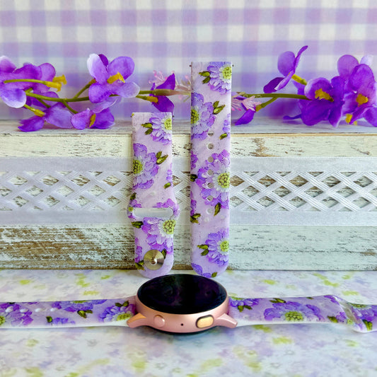 Purple Wildflower Print Silicone Band For Samsung Watch â â¨ Features Washable & sweat-ready â easy-clean silicone for gym, swim, and daily life.