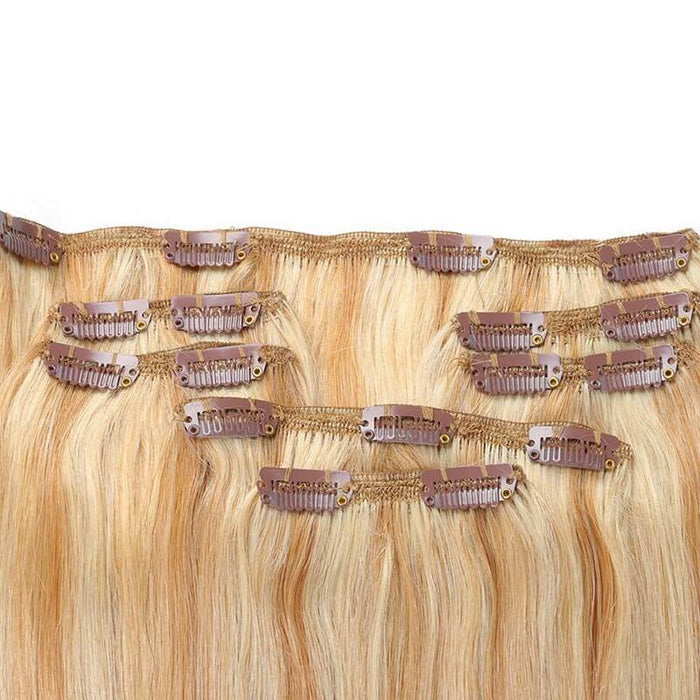 7Pcs blonde straight clip in human hair extensions in highlight #P27/613 color, virgin human hair, by Queen Virgin Remy Hair